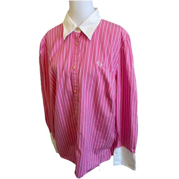 VTG ralph lauren Pink Stripe Pink button down White Cuff Preppy Dress Shirt 1X - Picture 3 of 16